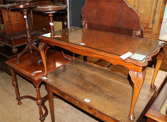 Satinwood & walnut square occasional table, a coffee table and two wine tables